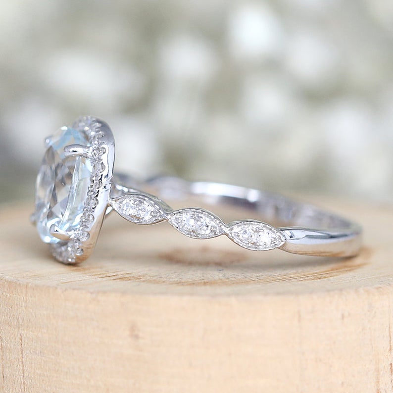 1 CT Oval Cut Aquamarine Diamond White Gold Over On 925 Sterling Silver Halo Promise Ring