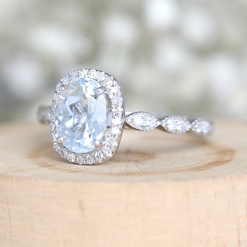 1 CT Oval Cut Aquamarine Diamond White Gold Over On 925 Sterling Silver Halo Promise Ring