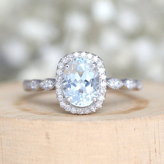 1 CT Oval Cut Aquamarine Diamond White Gold Over On 925 Sterling Silver Halo Promise Ring