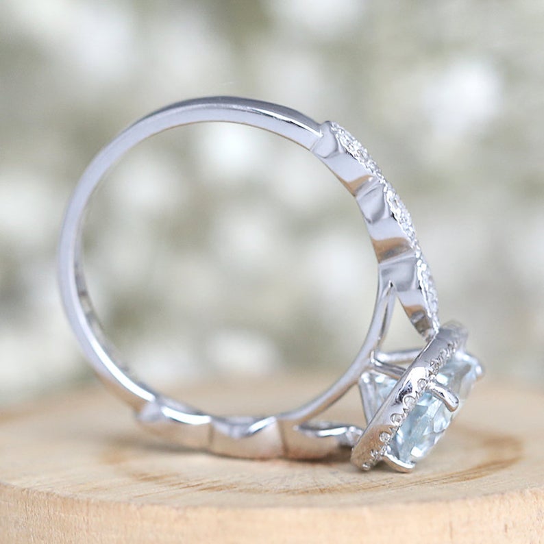 1 CT Oval Cut Aquamarine Diamond White Gold Over On 925 Sterling Silver Halo Promise Ring