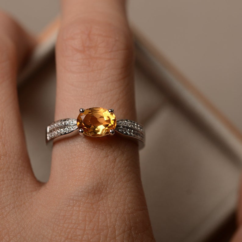 2.10 Ct Oval Cut Yellow Citrine 925 Sterling Silver Solitaire W/Accents Engagement Ring