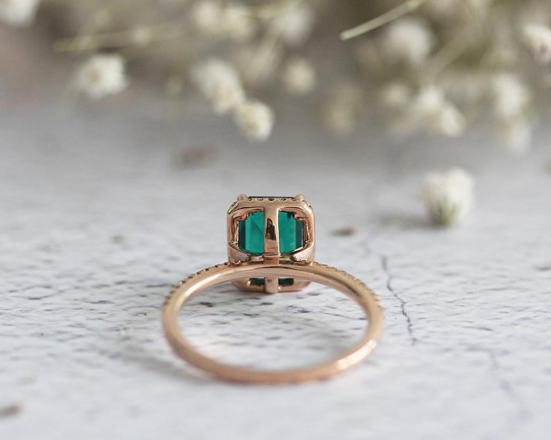 1 CT Emerald Cut Emerald Diamond Rose Gold Over On 925 Sterling Silver Half Eternity Halo Ring