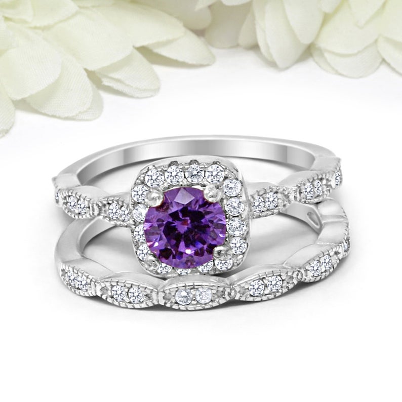 1 CT Round Cut Amethyst CZ Diamond 925 Sterling Silver Halo Wedding Bridal Ring Set