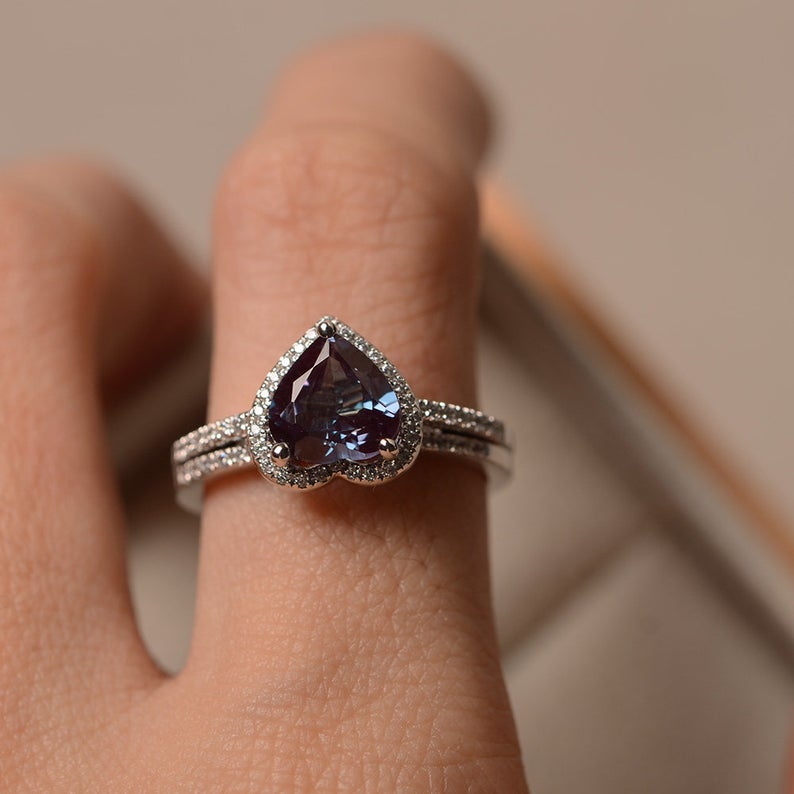 2.20 Ct Heart Cut Purple Alexandrite 925 Sterling Silver Wedding Bridal Ring Set