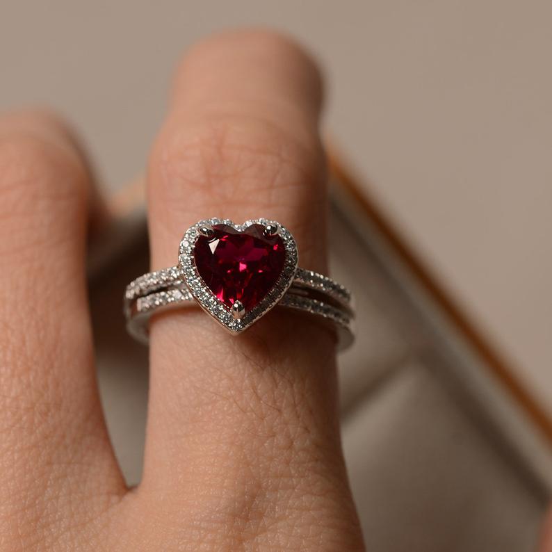 2.25 Ct Heart Cut Red Ruby 925 Sterling Silver Halo Engagement Bridal Ring Set - atjewels.in