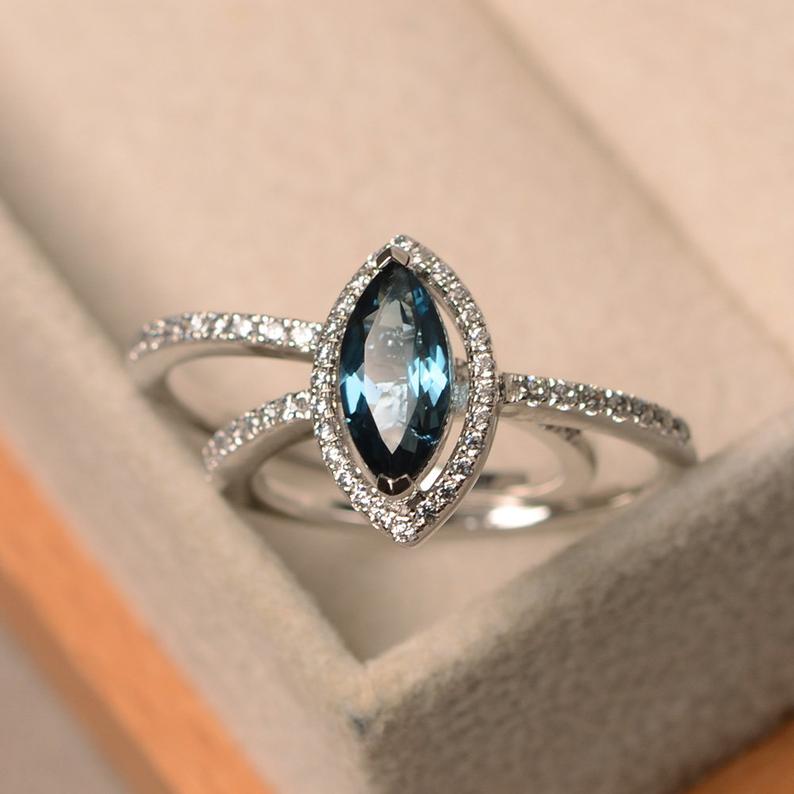 1 CT Marquise Cut London Blue Topaz Diamond 925 Sterling Silver Halo Engagement Ring With Band
