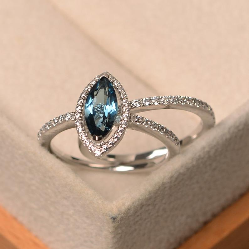 1 CT Marquise Cut London Blue Topaz Diamond 925 Sterling Silver Halo Engagement Ring With Band