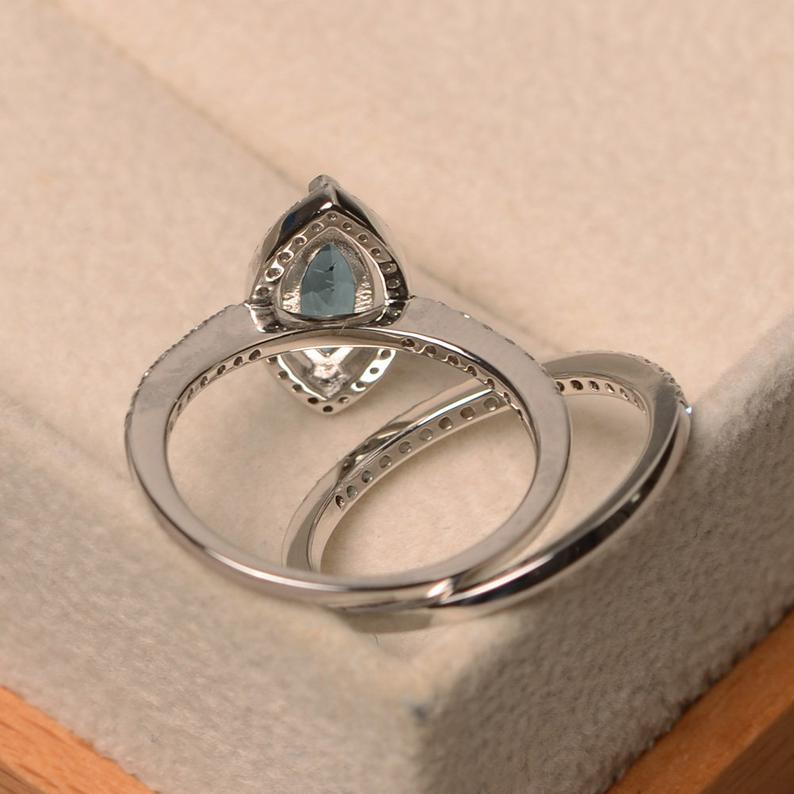 1 CT Marquise Cut London Blue Topaz Diamond 925 Sterling Silver Halo Engagement Ring With Band