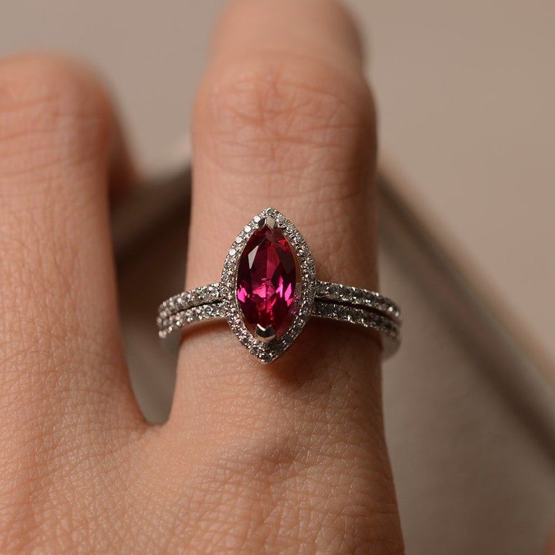 1.75 Ct Marquise Cut Pink Ruby Halo Engagement Bridal Ring Set In 925 Sterling Silver