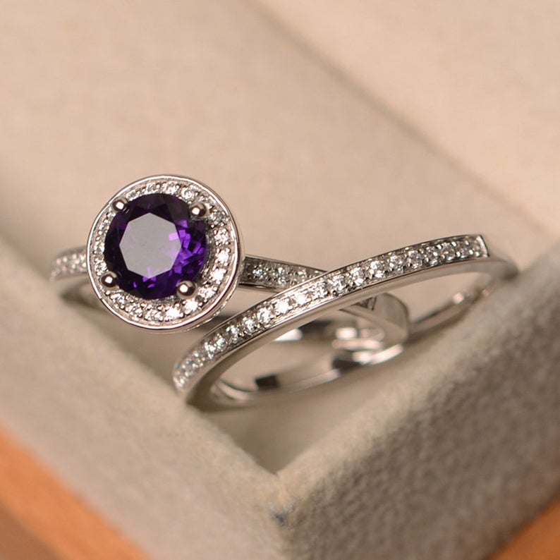1 CT Round Cut Amethyst Diamond 925 Sterling Silver Halo February birthstone Ring Set