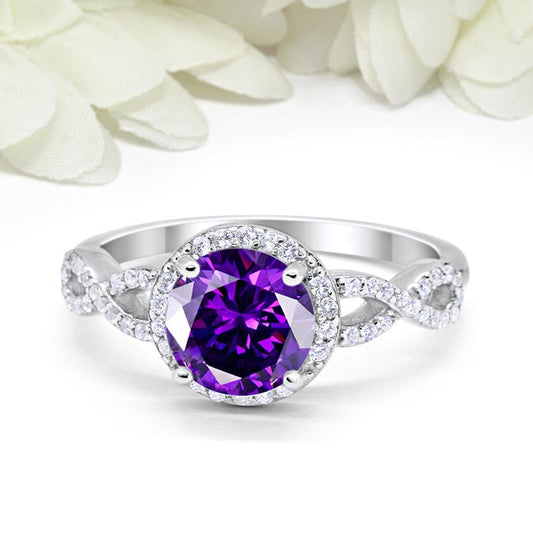 2 CT Round Cut Amethyst CZ Diamond 925 Sterling Silver Halo Engagement Ring