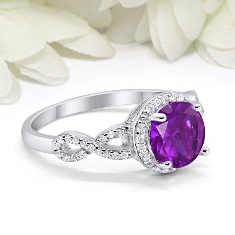 2 CT Round Cut Amethyst CZ Diamond 925 Sterling Silver Halo Engagement Ring