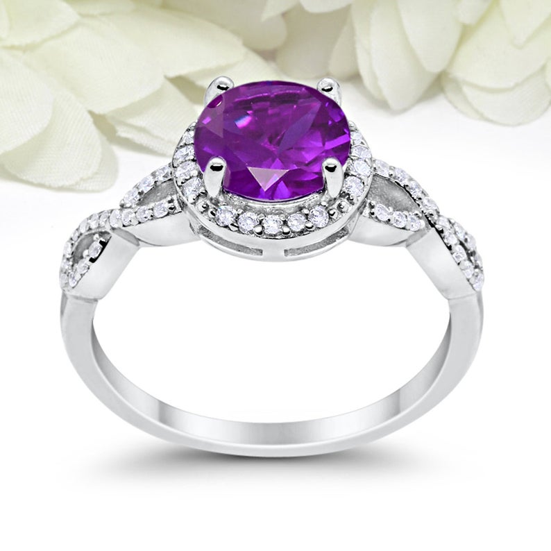 2 CT Round Cut Amethyst CZ Diamond 925 Sterling Silver Halo Engagement Ring