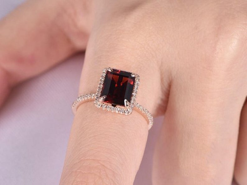 2 CT Emerald Cut Garnet Diamond 925 Sterling Silver Women's Halo Wedding Ring