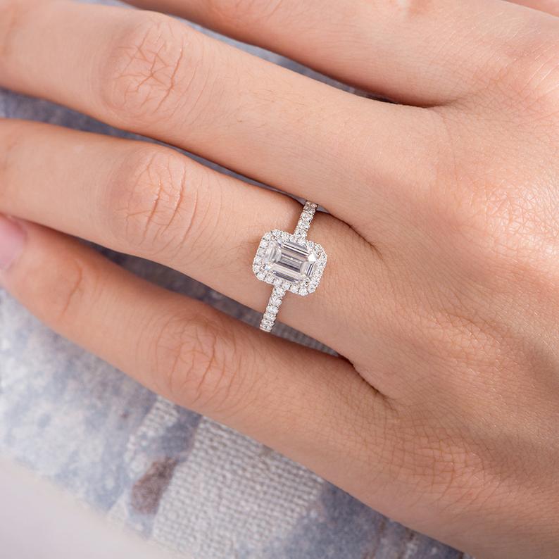 1 CT Emerald Cut Diamond White Gold Over On 925 Sterling Silver Halo Anniversary Ring