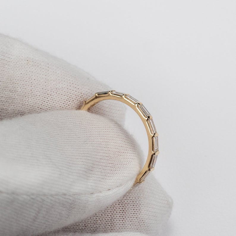 1.50 CT Baguette Cut Diamond Yellow Gold Ove On 925 Sterling Silver Full Eternity Wedding Band ring