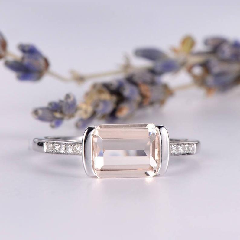 1.50 Ct Emerald Cut Morganite Solitaire W/Accents Engagement Ring In 925 Sterling Silver