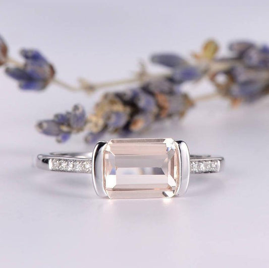 1.50 Ct Emerald Cut Morganite Solitaire W/Accents Engagement Ring In 925 Sterling Silver