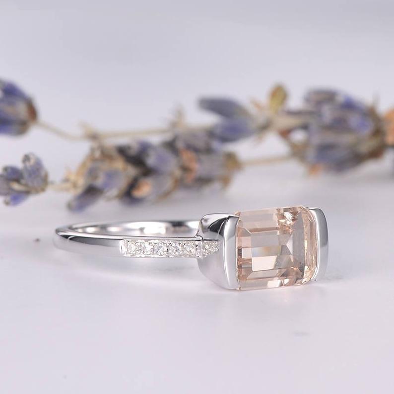 1.50 Ct Emerald Cut Morganite Solitaire W/Accents Engagement Ring In 925 Sterling Silver