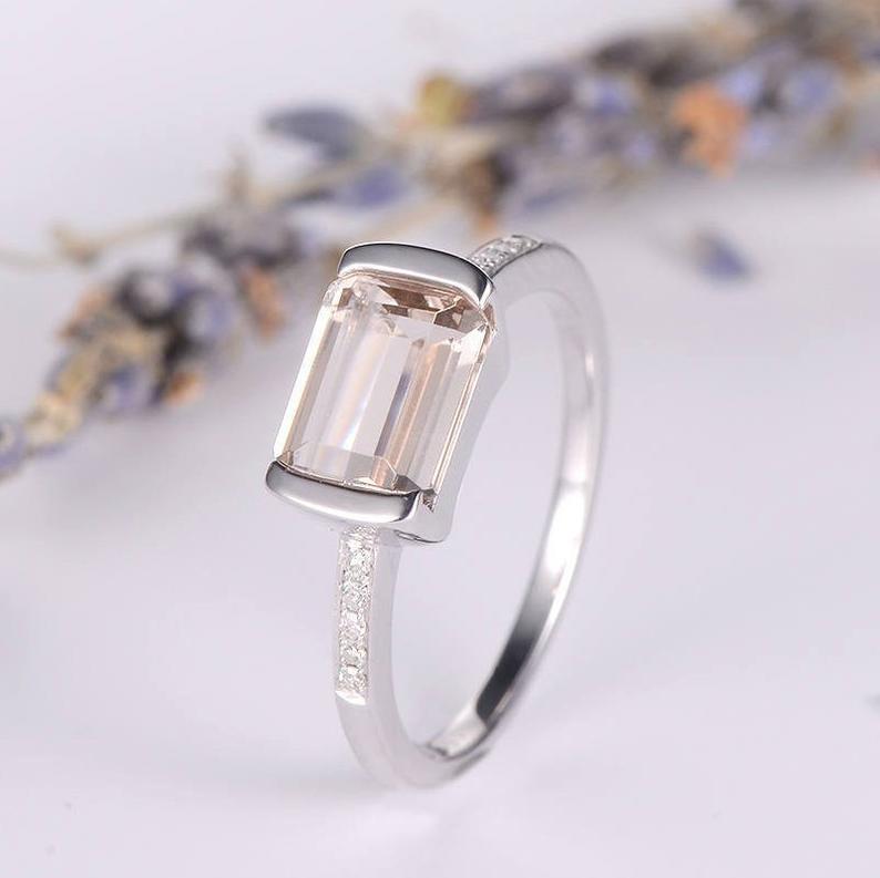 1.50 Ct Emerald Cut Morganite Solitaire W/Accents Engagement Ring In 925 Sterling Silver