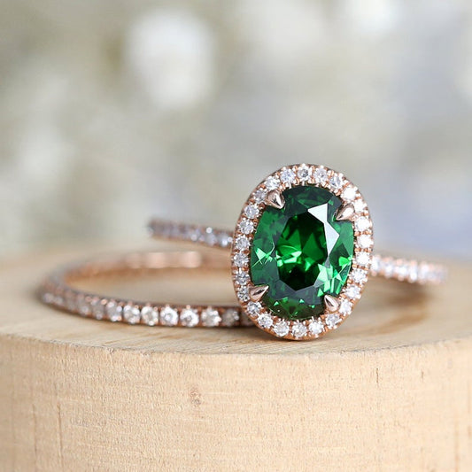 1 CT Oval Cut Green Emerald Diamond 925 Sterling Silver Halo Engagement Bridal set