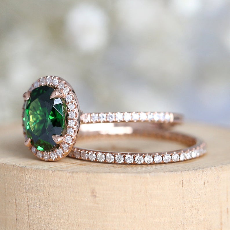 1 CT Oval Cut Green Emerald Diamond 925 Sterling Silver Halo Engagement Bridal set