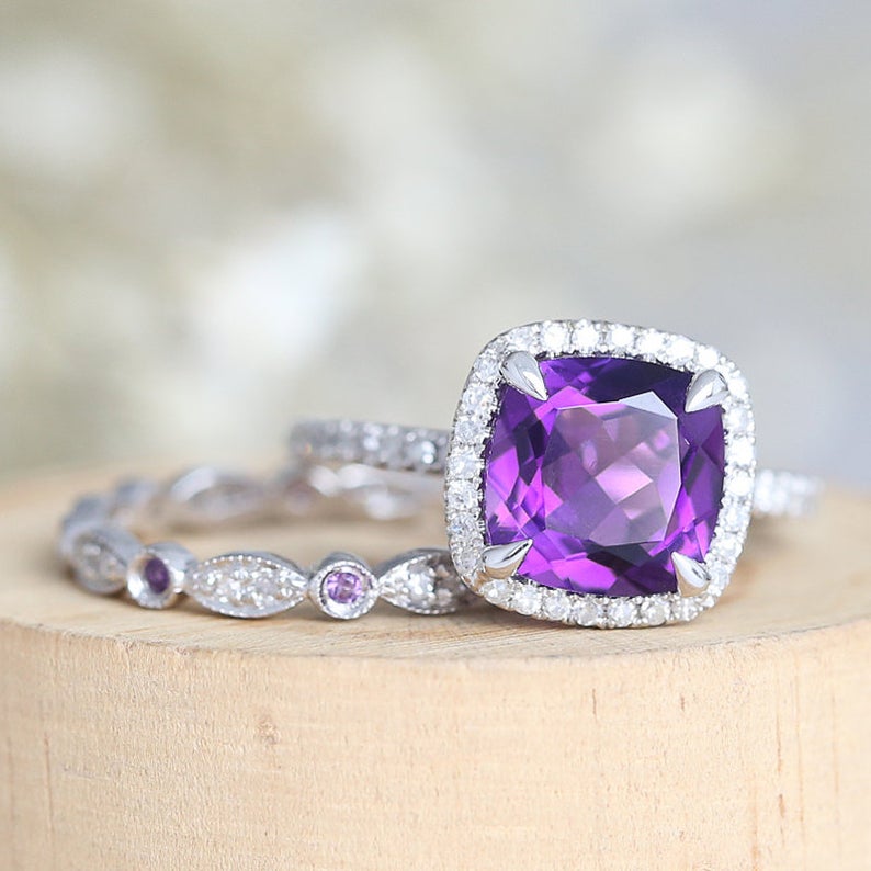 1 CT Cushion Cut Amethyst Diamond 925 Sterling Silver Halo Wedding Bridal Ring Set - atjewels.in
