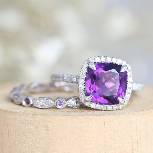 1 CT Cushion Cut Amethyst Diamond 925 Sterling Silver Halo Wedding Bridal Ring Set - atjewels.in
