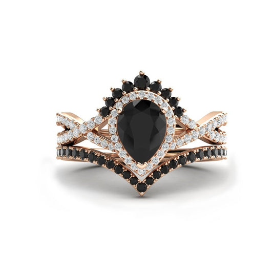 3 CT Pear Cut Black Onyx Diamond 925 Sterling Silver Women Wedding Bridal Set Promise Ring