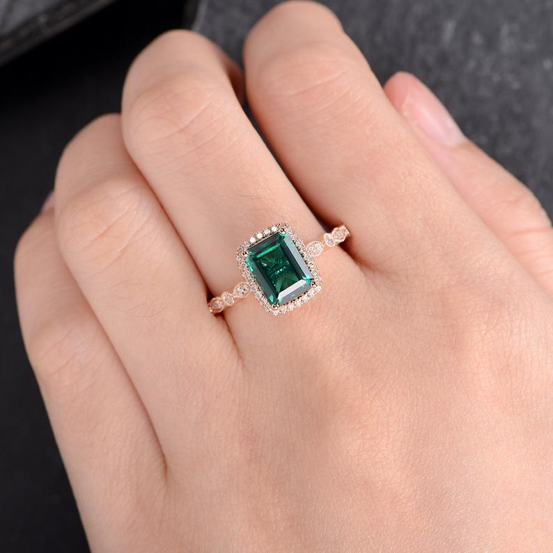 2 CT Cushion Cut Emerald Diamond Rose Gold Over On 925 Sterling Silver Halo Women Wedding Ring