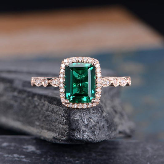 2 CT Cushion Cut Emerald Diamond Rose Gold Over On 925 Sterling Silver Halo Women Wedding Ring