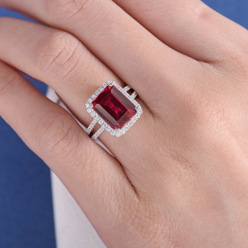2.50 Ct Emerald Cut Red Ruby Split Shank Halo Engagement Ring In 925 Sterling Silver
