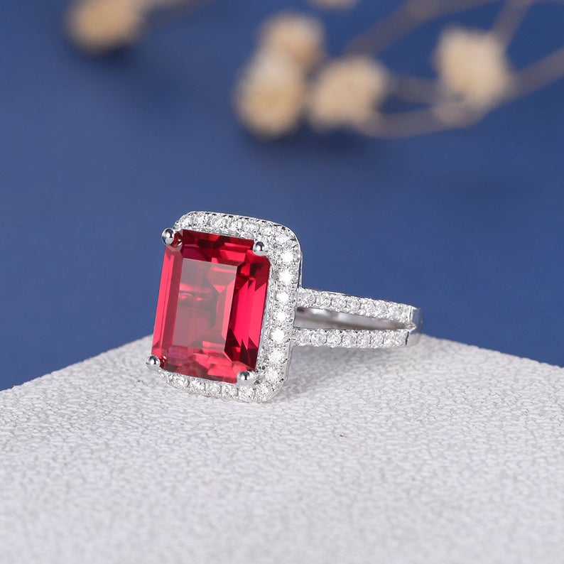 2.50 Ct Emerald Cut Red Ruby Split Shank Halo Engagement Ring In 925 Sterling Silver