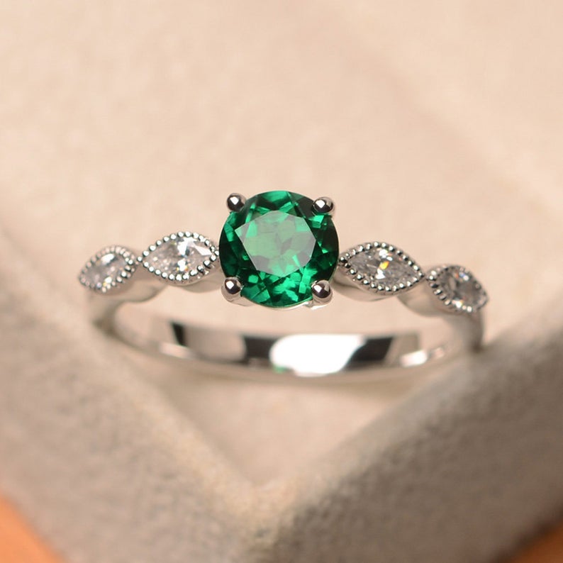 1.20 Ct Round Cut Green Emerald & CZ Solitaire W/Accents Anniversary Gift Ring In 925 Sterling Silver