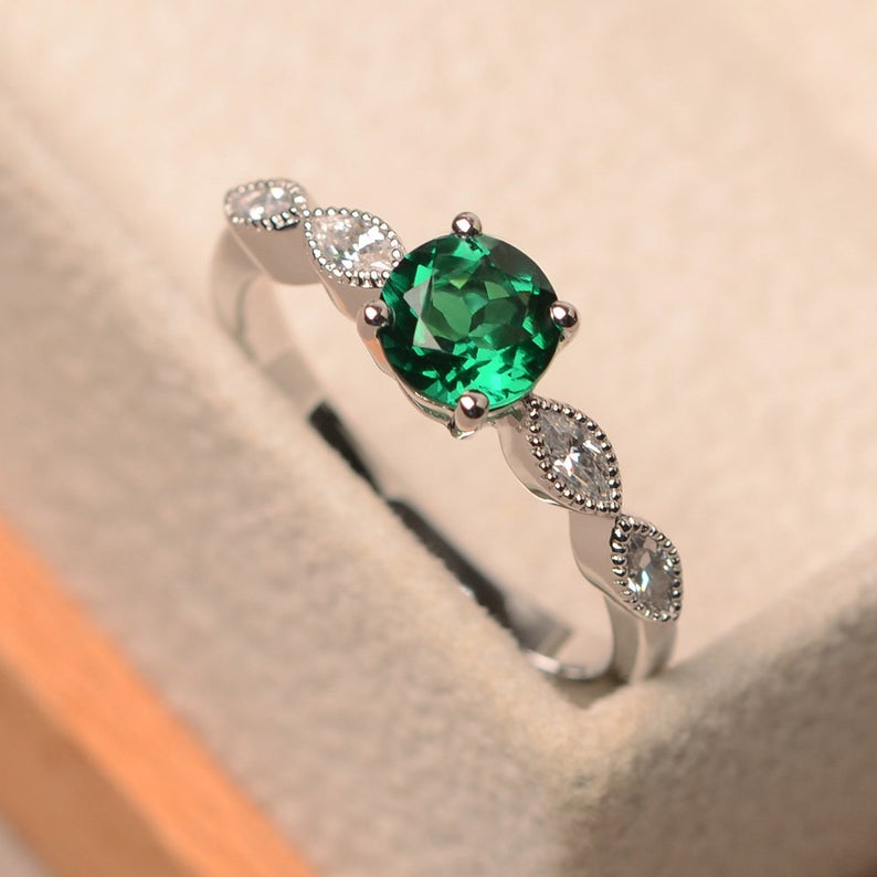 1.20 Ct Round Cut Green Emerald & CZ Solitaire W/Accents Anniversary Gift Ring In 925 Sterling Silver