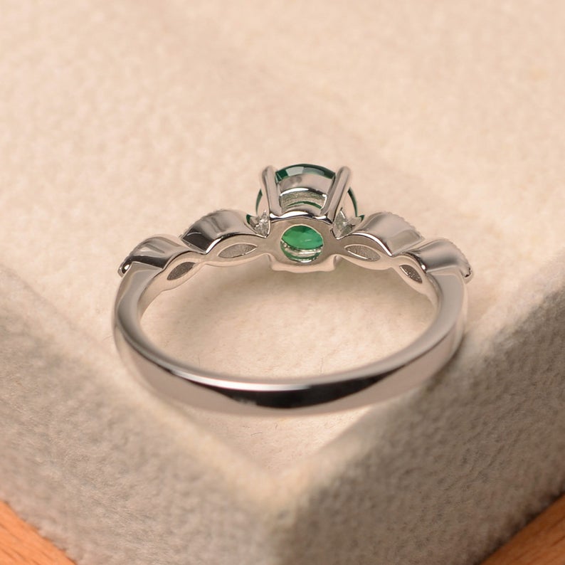 1.20 Ct Round Cut Green Emerald & CZ Solitaire W/Accents Anniversary Gift Ring In 925 Sterling Silver