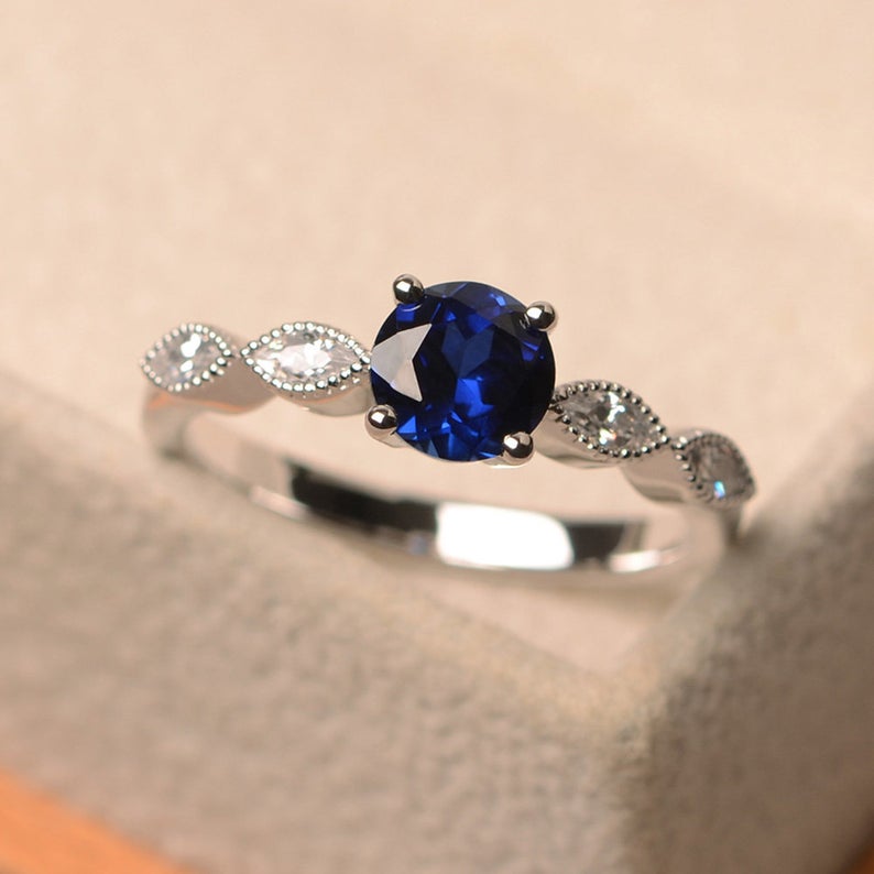 1.00 Ct Round Cut Blue Sapphire 925 Sterling Silver Solitaire W/Accents Promise Ring