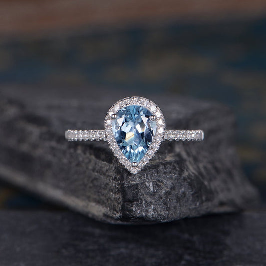 2.10 Ct Pear Cut Aquamarine Gorgeous Halo Engagement Wedding Ring  In 925 Sterling Silver