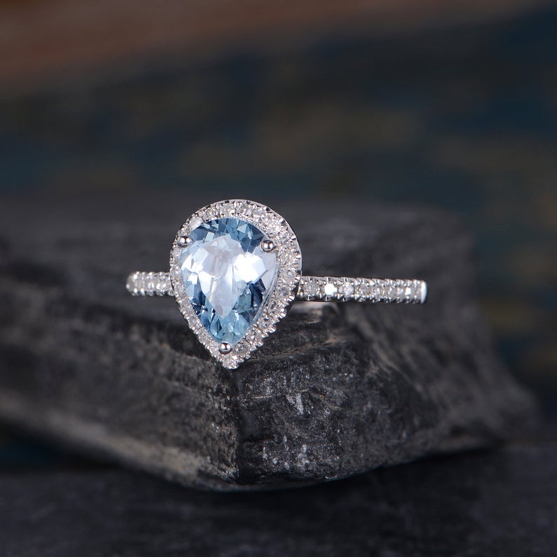 2.10 Ct Pear Cut Aquamarine Gorgeous Halo Engagement Wedding Ring  In 925 Sterling Silver