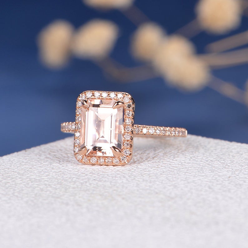 1 CT Emerald Cut Morganite Diamond Rose Gold Over On 925 Sterling Silver Women Halo Wedding Ring