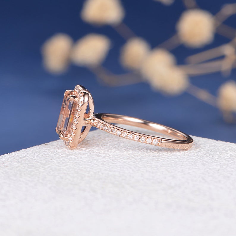 1 CT Emerald Cut Morganite Diamond Rose Gold Over On 925 Sterling Silver Women Halo Wedding Ring