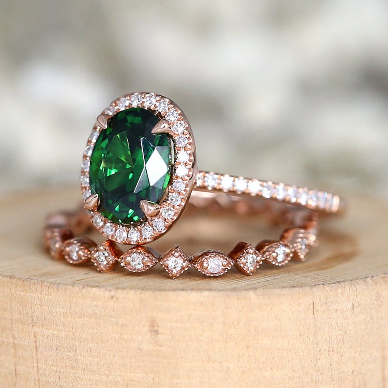 1 CT Oval Cut Emerald Diamond 925 Sterling Silver Halo Wedding Bridal Ring Set - atjewels.in