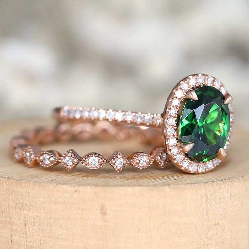 1 CT Oval Cut Emerald Diamond 925 Sterling Silver Halo Wedding Bridal Ring Set - atjewels.in
