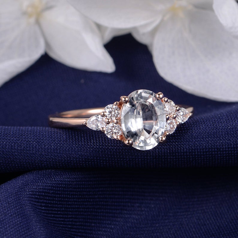 1 CT Oval Cut White Sapphire Diamond Rose Gold Over On 925 Sterling Silver Solitaire With Accents Engagement Ring