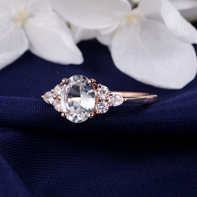 1 CT Oval Cut White Sapphire Diamond Rose Gold Over On 925 Sterling Silver Solitaire With Accents Engagement Ring