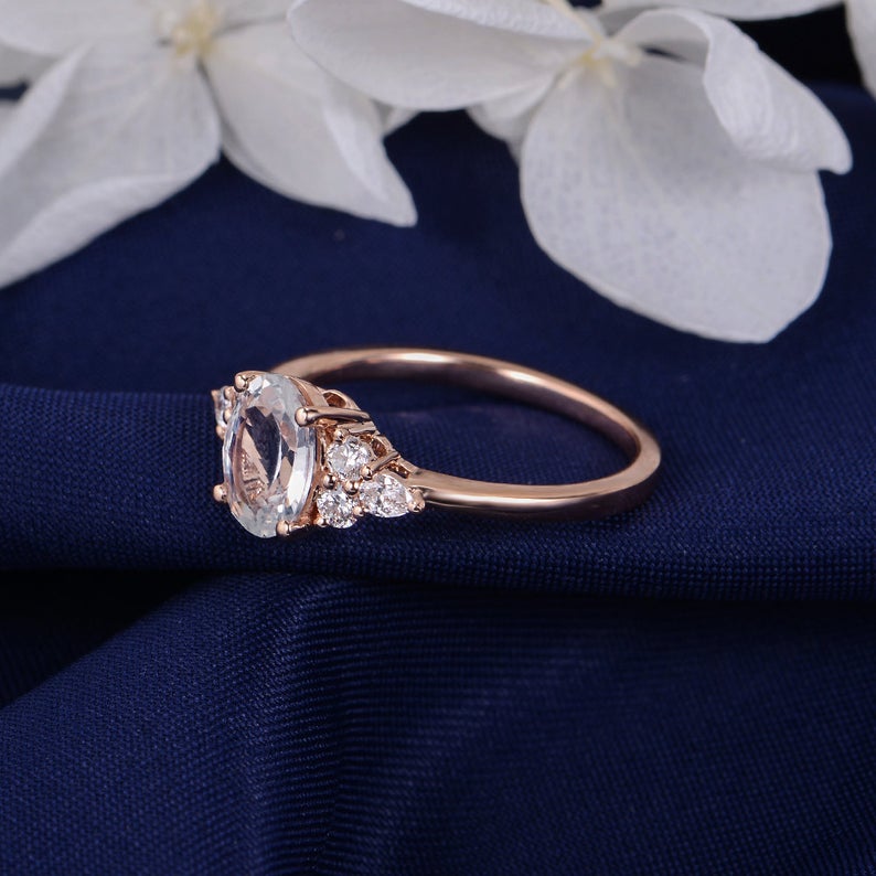 1 CT Oval Cut White Sapphire Diamond Rose Gold Over On 925 Sterling Silver Solitaire With Accents Engagement Ring