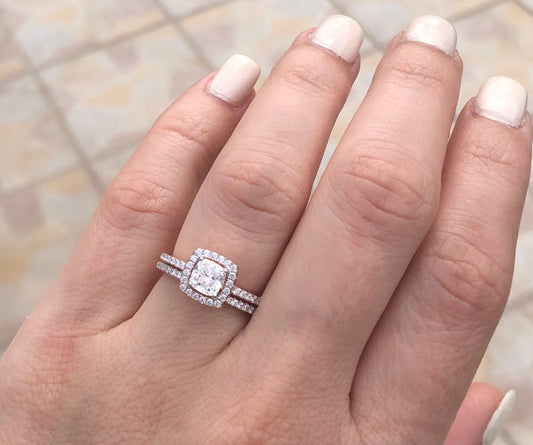 1 CT Cushion Cut Diamond 925 Sterling Silver Square Halo Bridal Ring Set