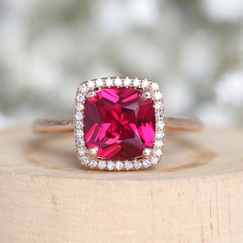 2 CT Cushion Cut Ruby Diamond Rose Gold Over On 925 Sterling Silver Halo Anniversary Ring