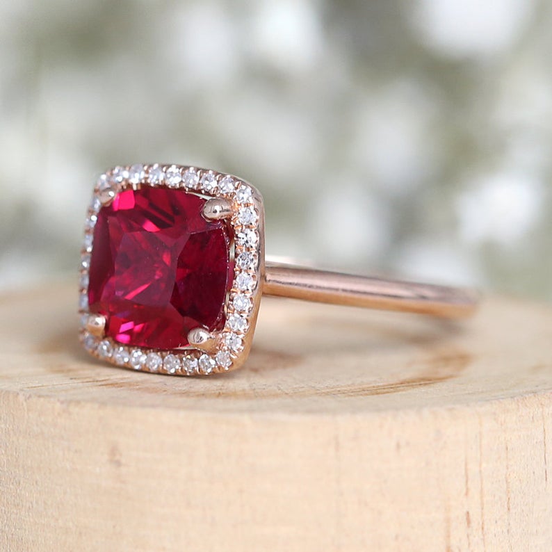 2 CT Cushion Cut Ruby Diamond Rose Gold Over On 925 Sterling Silver Halo Anniversary Ring