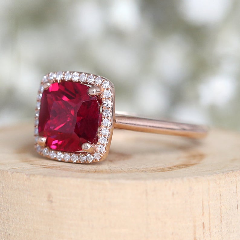 2 CT Cushion Cut Ruby Diamond Rose Gold Over On 925 Sterling Silver Halo Anniversary Ring